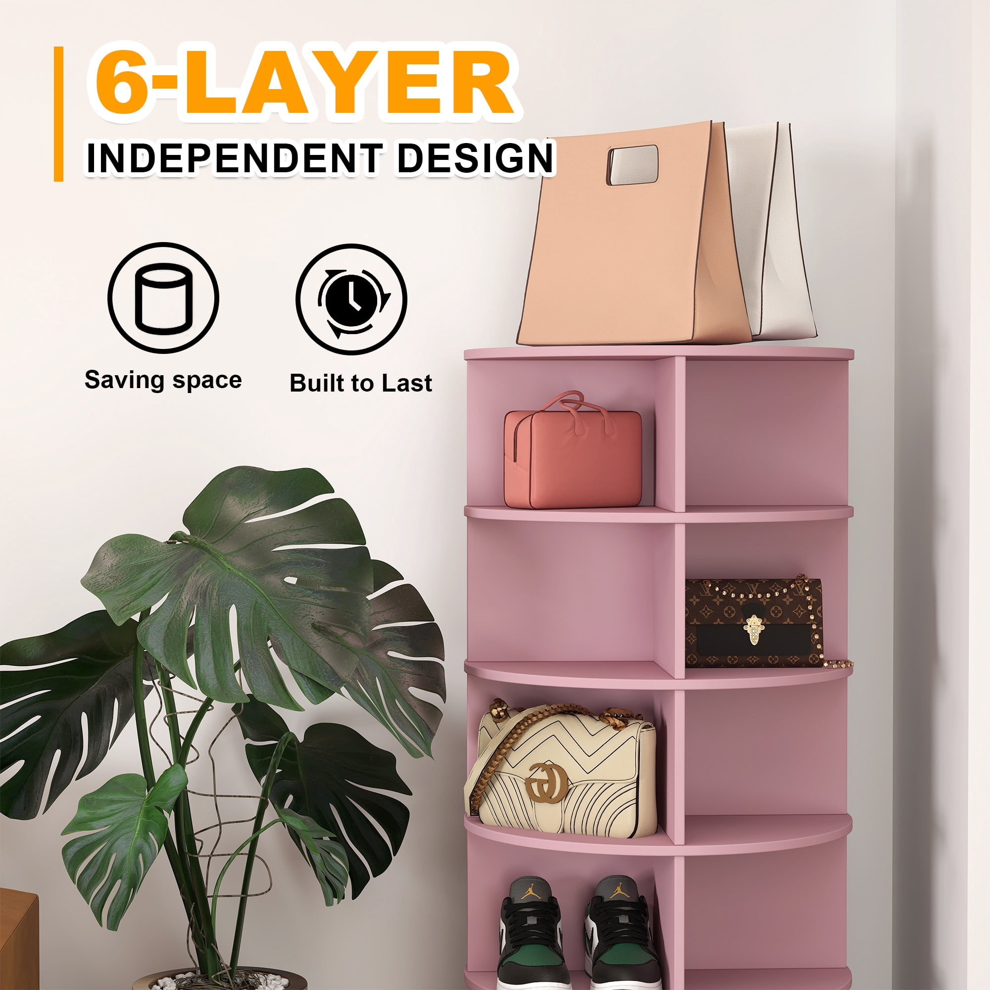 Aukfa 6-Tier Rotating Shoe Rack Storage, 360° Spinning Shoe Organizer Closet, Pink
