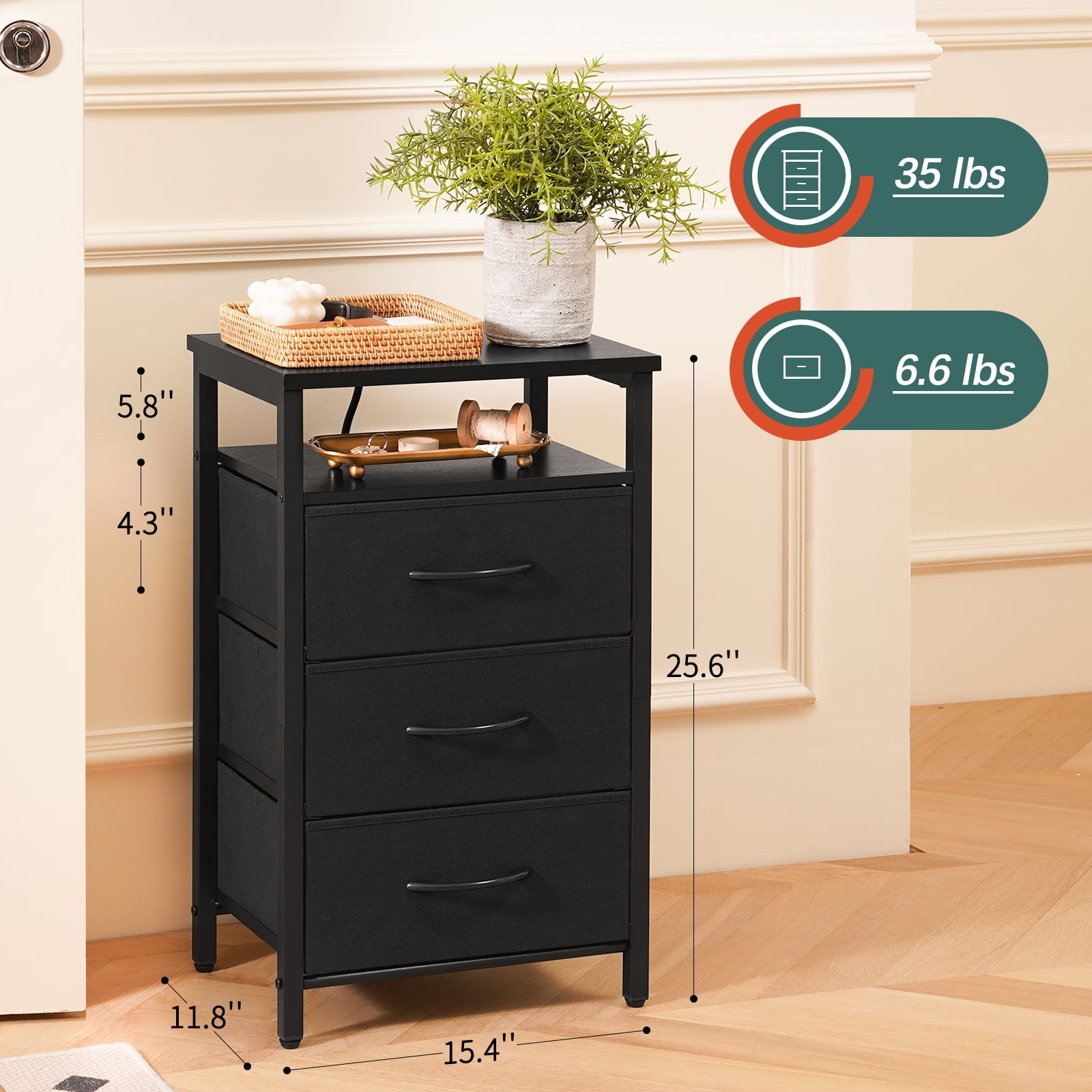 Night Stand with Charging Station, LED Nightstand with USB Ports and Outlets, End Table with Fabric Drawers and Storage Shelf, Black