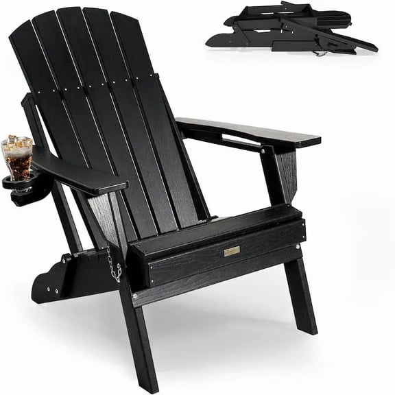 WINSOON All-Weather HDPE Adirondack Chair, Folding Design, Wide Seat with Cup Holder for Garden, Yard & Patio,Black