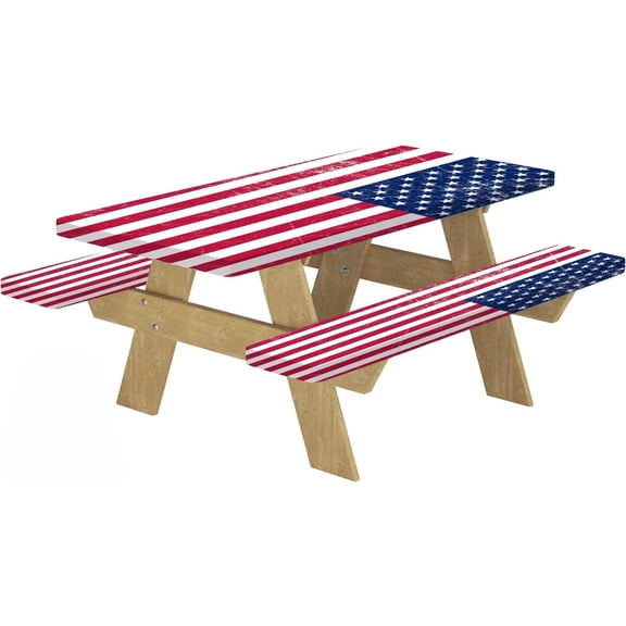 Fitted Picnic Table Cover with Bench Covers 4Th of July Waterproof Camping Tablecloth All-Weather Outdoor Table Protector for Camping Essentials, 72X30in, American Flag