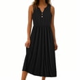 thumbnail image 6 of Women Summer Maxi Dress Solid Color Sleeveless V Neck Button Pleated Elegant Flowy Sundress with Pockets Casual Beach Vacation Dresses, 6 of 9