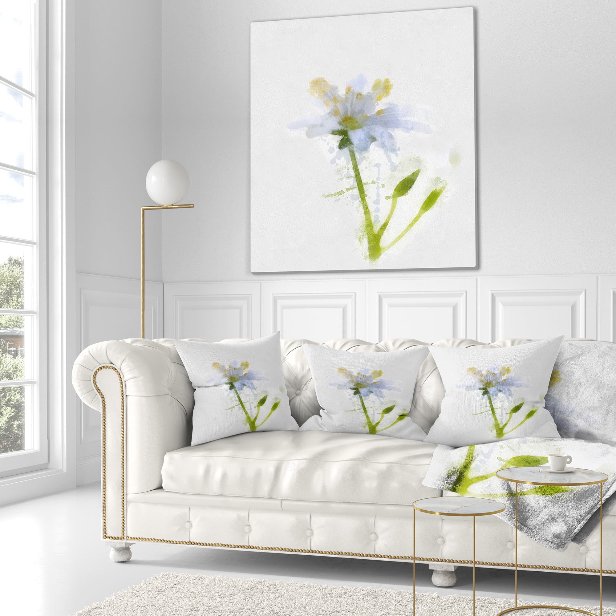 Designart White Green Watercolor Flower Sketch - Floral Throw Pillow - 16x16
