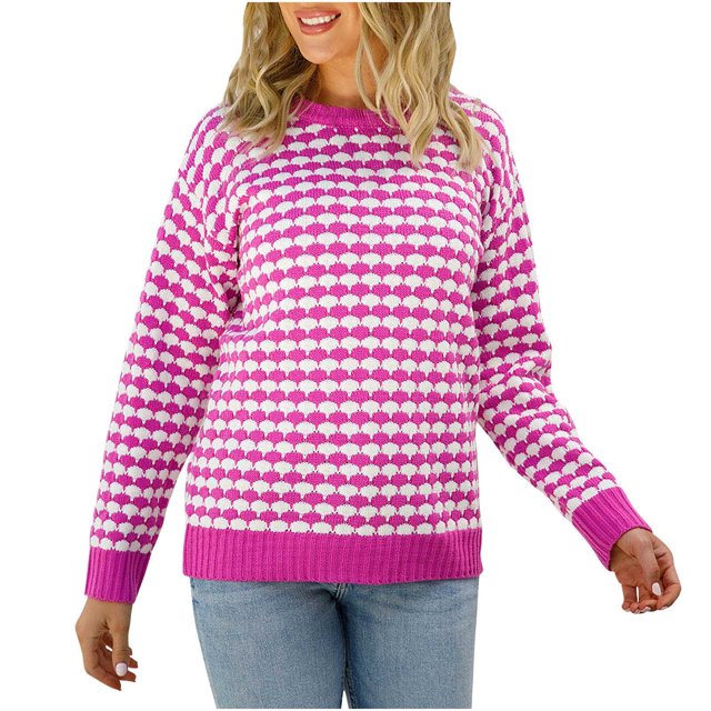 Chandail en Molleton Tricoté pour Femmes Hauts à Manches Longues Tricot Col Rond Chandail Ample S-182 Rose Vif-A m
