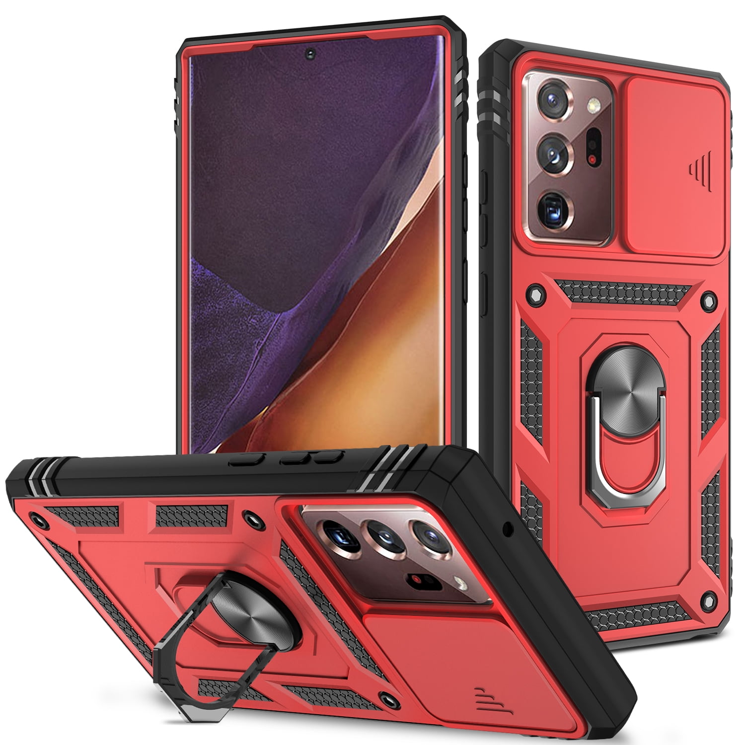 Military Grade Drop Impact for Samsung Galaxy Note 20 Ultra Camera Lens Slide Protection Case 360 Metal Rotating Ring Kickstand Holder Armor Shockproof Case For Samsung Galaxy Note 20 Ultra, Red+Black