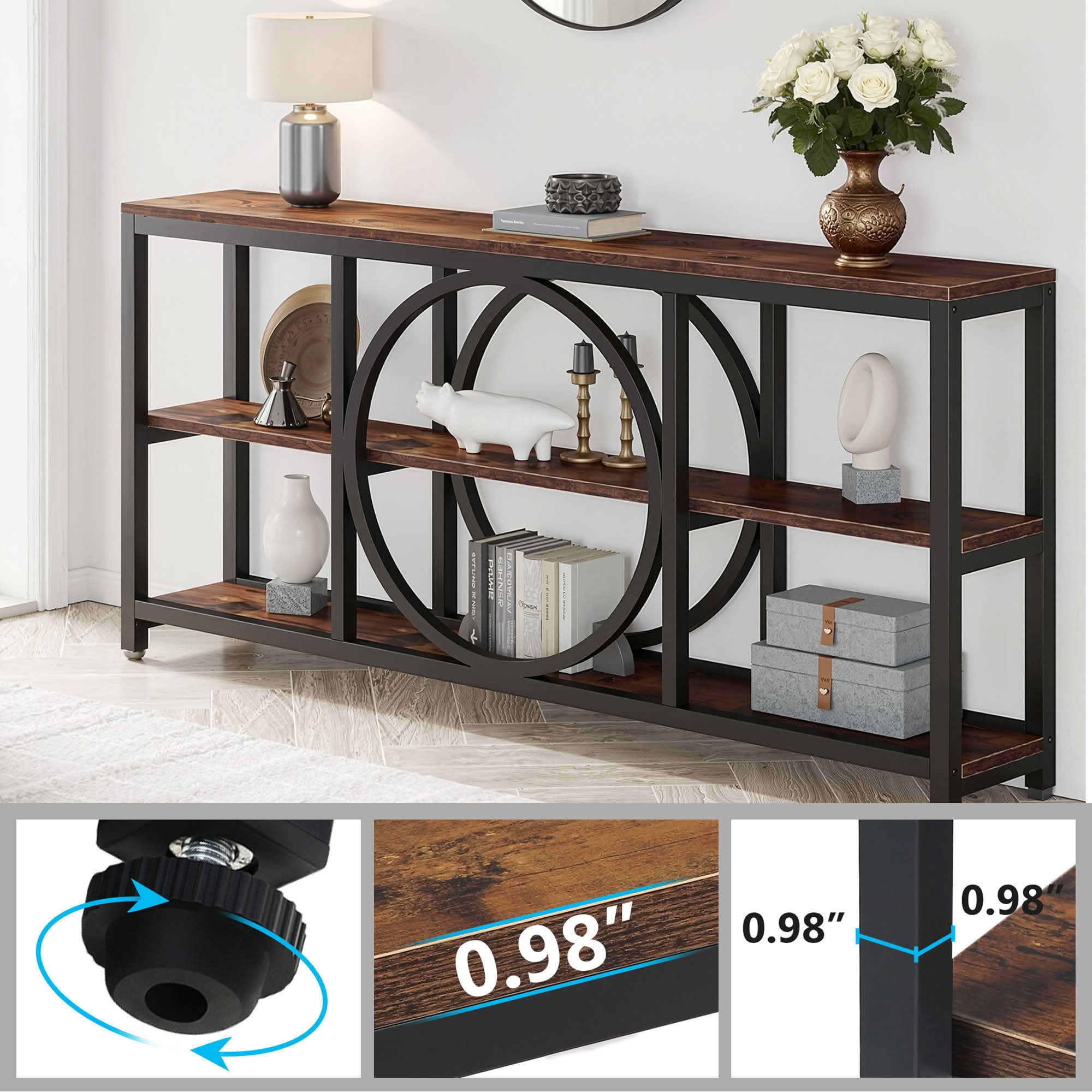 MAYEERTY 70.9" Narrow 3-Tier Console Table, Circular Black Metal Frame Waterproof MDF Sofa Table for Entryway Living Room