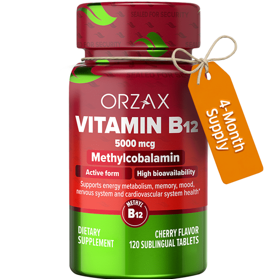 Orzax Vitamin B12 5000 mcg Methylcobalamin for Memory, Vegan, Mood, Cardiovascular and Energy Supplement - Cherry Flavored - 120 Sublingual Tablets