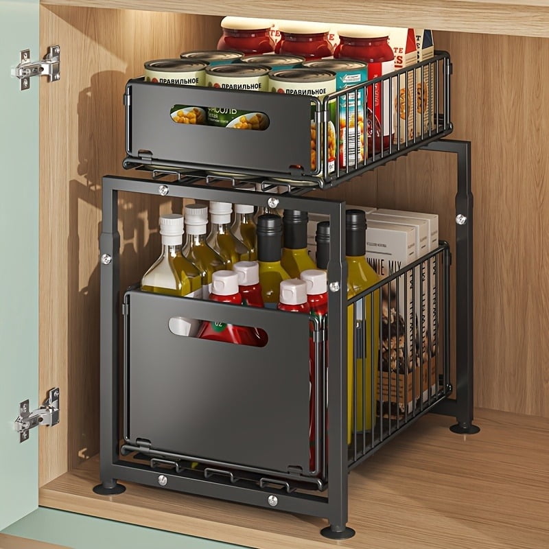 2-Tier Under Sink Organizer with Sliding Drawer, Heavy Duty Carbon Steel Storage Rack for Kitchen & Bathroom, Adjustable Shelves with Hooks for Utensils, Cleaning Supplies and Spices