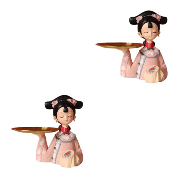 Advancent Chinese Palace Girl Figurine Cookie Candy Storage Tray Dish Ornament Modern 2piezas Rosa 25x22cm