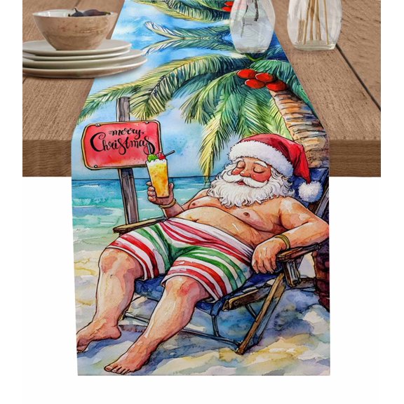 Ldtrchee Coastal Christmas Table Runner 72 Inches, Santa Beach Nautical Seaside Bed Runner Dresser Scarves Tabletop for Indoor Outdoor Parties/Ceremony/Banquet, 16" x 72"
