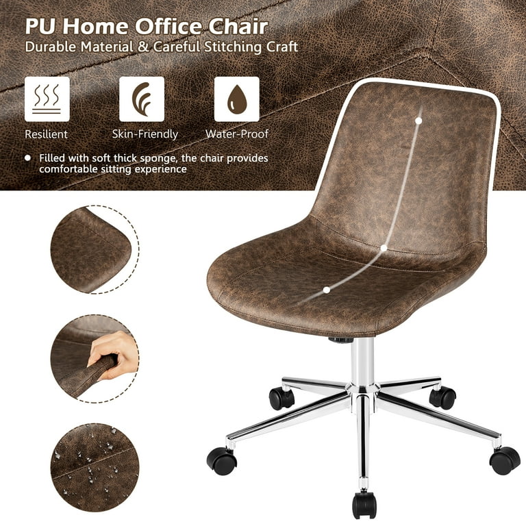 Costway Mid Back Office Chair Armless Adjustable PU Leather Task Swivel Chair