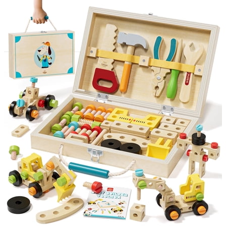 Toys for 2 Year Old Boys, Wooden Kids Tool Set, Toolbox Set for Kids, Includes Realistic Tools, Wooden Take Apart Toys, Educational Learning Toys for Boys Age 2 3 4 5 Birthday Gifts