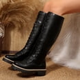 thumbnail image 5 of Women Leather Knee High Combat Boots, Round Toe Front Lace Up Side Zipper Lug Sole Tall Boots, Chunky Boots, 5 of 7
