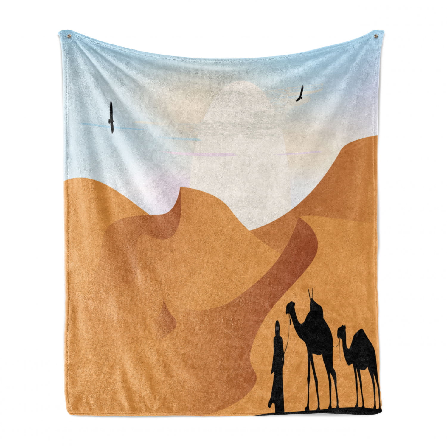 voormalig hardwerkend Waardeloos Dune Soft Flannel Fleece Throw Blanket, Camels and Man Silhouette in the  Desert Sandy Hills and Sun Beaming, Cozy Plush for Indoor and Outdoor Use,  50" x 60", Persian Orange Baby Blue,