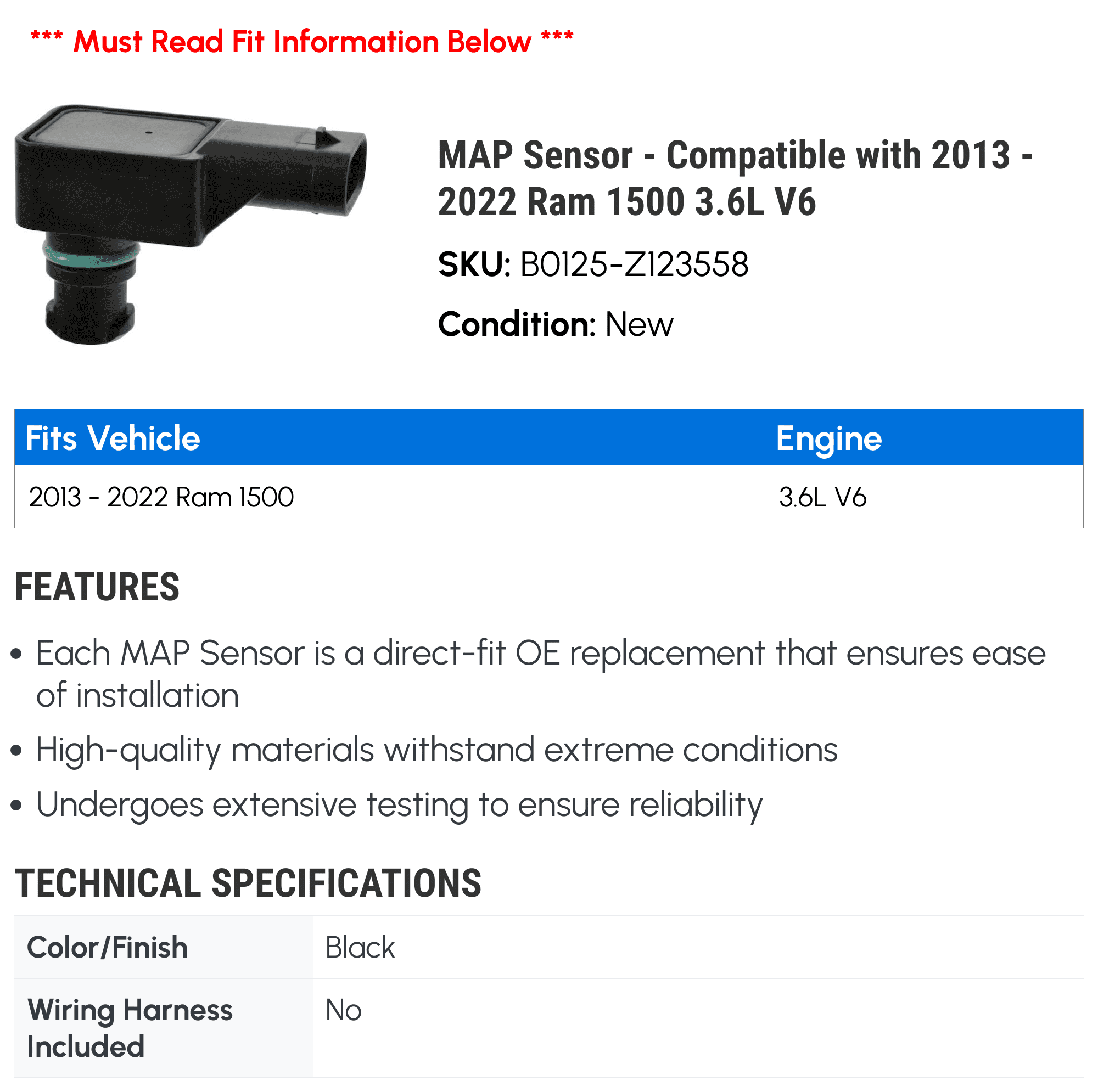 MAP Sensor - Compatible with 2013 - 2022 Ram 1500 3.6L V6 2014 2015 2016 2017 2018 2019 2020 2021