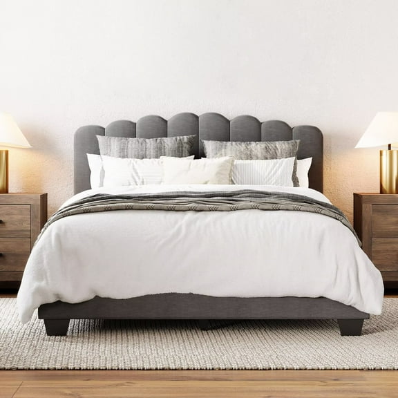 WAMPAT Upholstered Queen Size Bed Frame with Adjustable Fabric Headboard, Wooden Slats Support, No Box Spring Needed, Easy Assembly, Grey