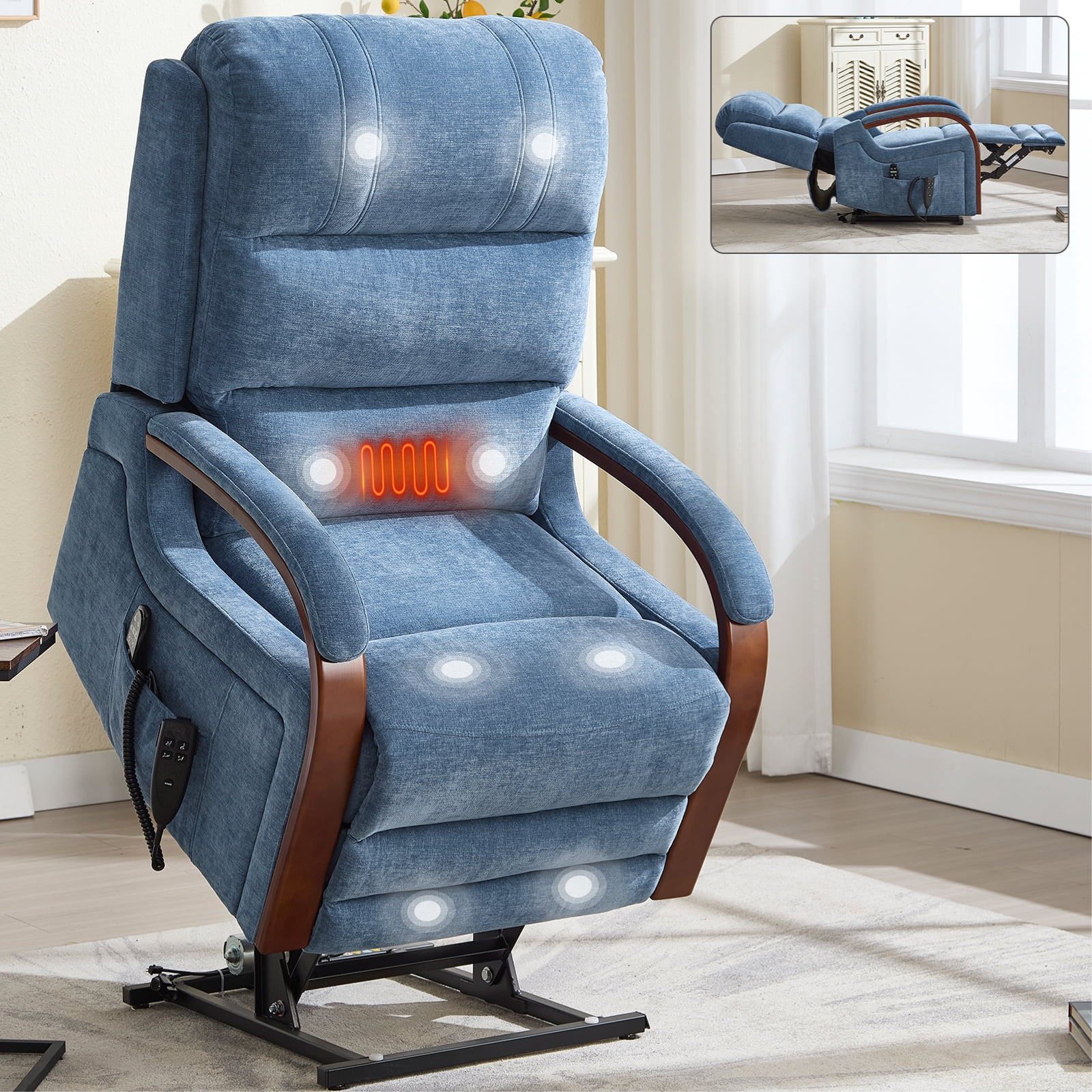 Gewnee Power Lift Recliner Chair with Heat and Massage,Lay Flat Assist Recliner with Side Pocket & Solid Wood Armrest,Lift Chair for Living Room.Blue Chenille