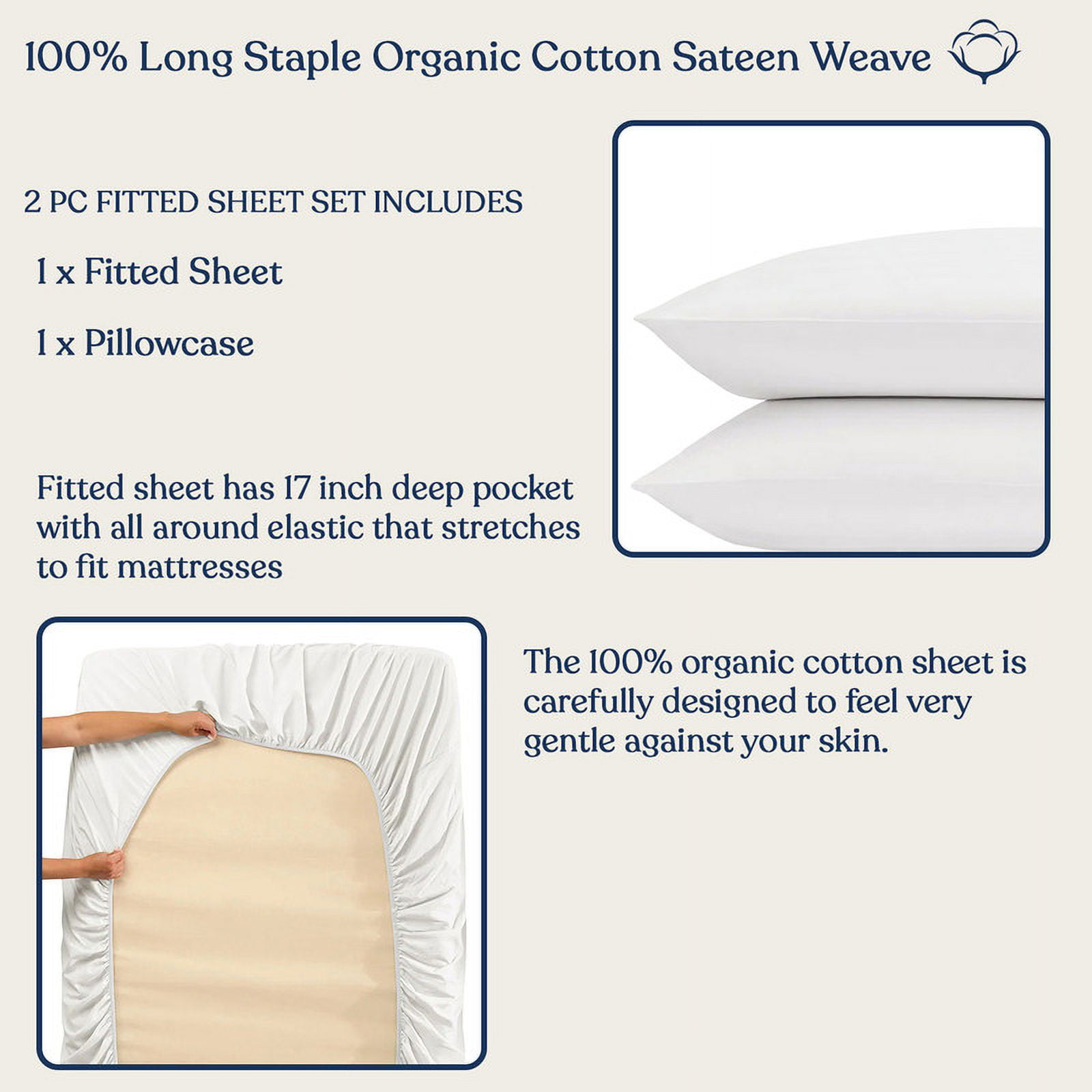 Delara King 3-Piece GOTS Organic Cotton Fitted Sheet Set, 400TC Long-Staple, Moisture-Wicking, Smooth & Breathable, Deep Pocket, White