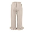 thumbnail image 3 of Lodgix Linen Capri Pants for Women Wide Leg Ruffle Hem Flowy Beach Pants with Pocket Crop Casual Loose High Waisted Trousers Khaki M, 3 of 7