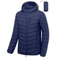 thumbnail image 2 of Men's Packable Hooded Puffer Jacket, Water Resistant Windproof with 5 Zip Pockets for Hiking Travel Blue L, 2 of 8