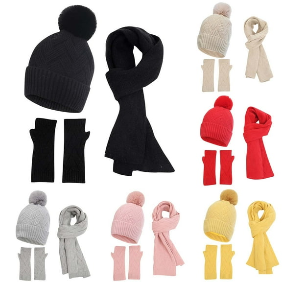 SGFCWSX Women's Thick 3 Piece Set Hat,Touchscreen Gloves Scarf Solid Color Winter Warm Hats Set Black Free Size