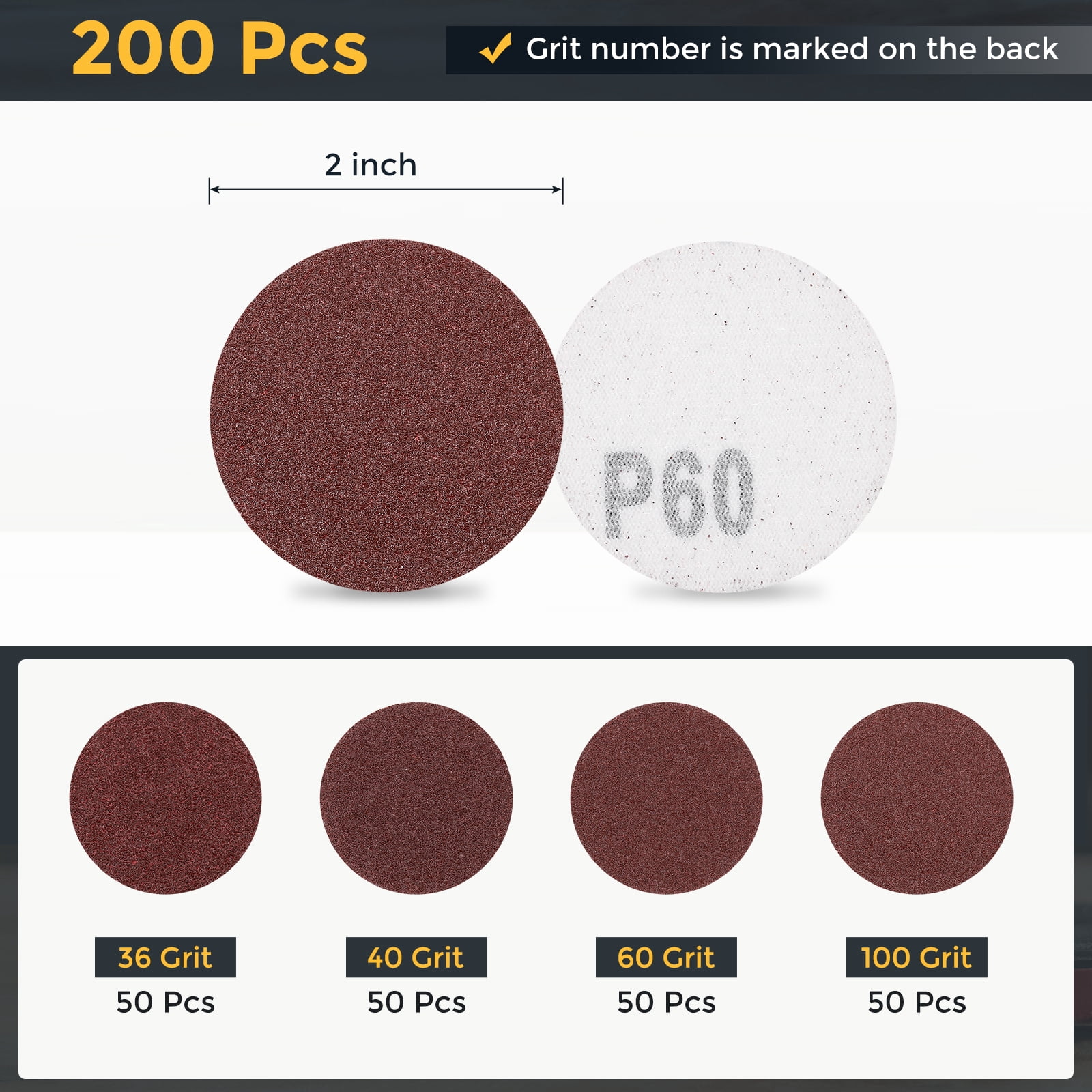 200 Pcs 2 Inch Sanding Disc 36/40/60/100 Grit Hook and Loop Sandpaper Random Orbital Sander Pads for Woodworking Automotive Metal Polishing, Red