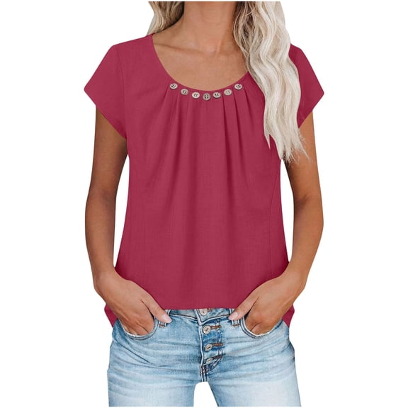 GUACER Womens Solid T Shirts Fashion Pleated Button Cotton Linen Crew Neck Lightweight Casual Short Sleeve Tops