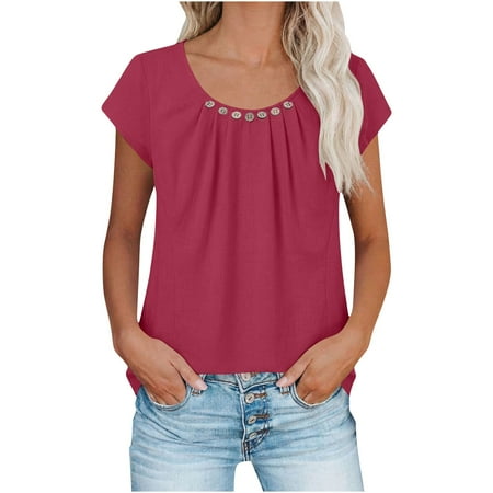 Ynynloco Women s Pullover Round Neck T-Shirt Solid Color Button Top Summer Short Sleeved Casual Loose Fit Clothes