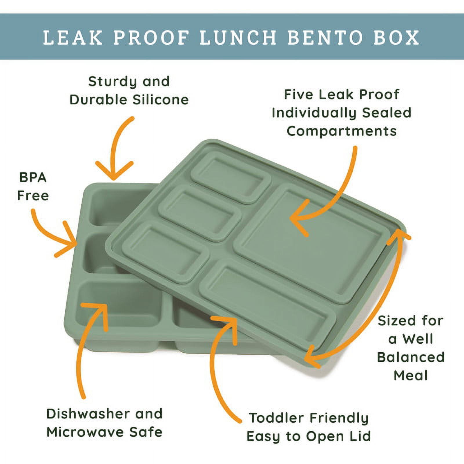 Austin Baby Co Bento Lunch Box for Toddler and Kids – Silicone Lunch Container with 5 Leak-Proof Compartments – Food-Safe Materials, Sturdy, Dishwasher Safe, and BPA Free (Sage Green)