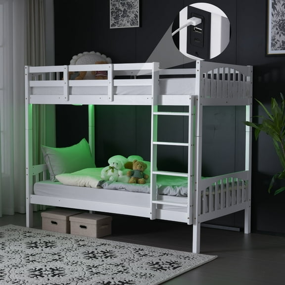 Ktaxon Twin-over-Twin Size Bunk Bed, Wood Bed Frame with 14.57" Height Guardrail, LED and Charging Station, White