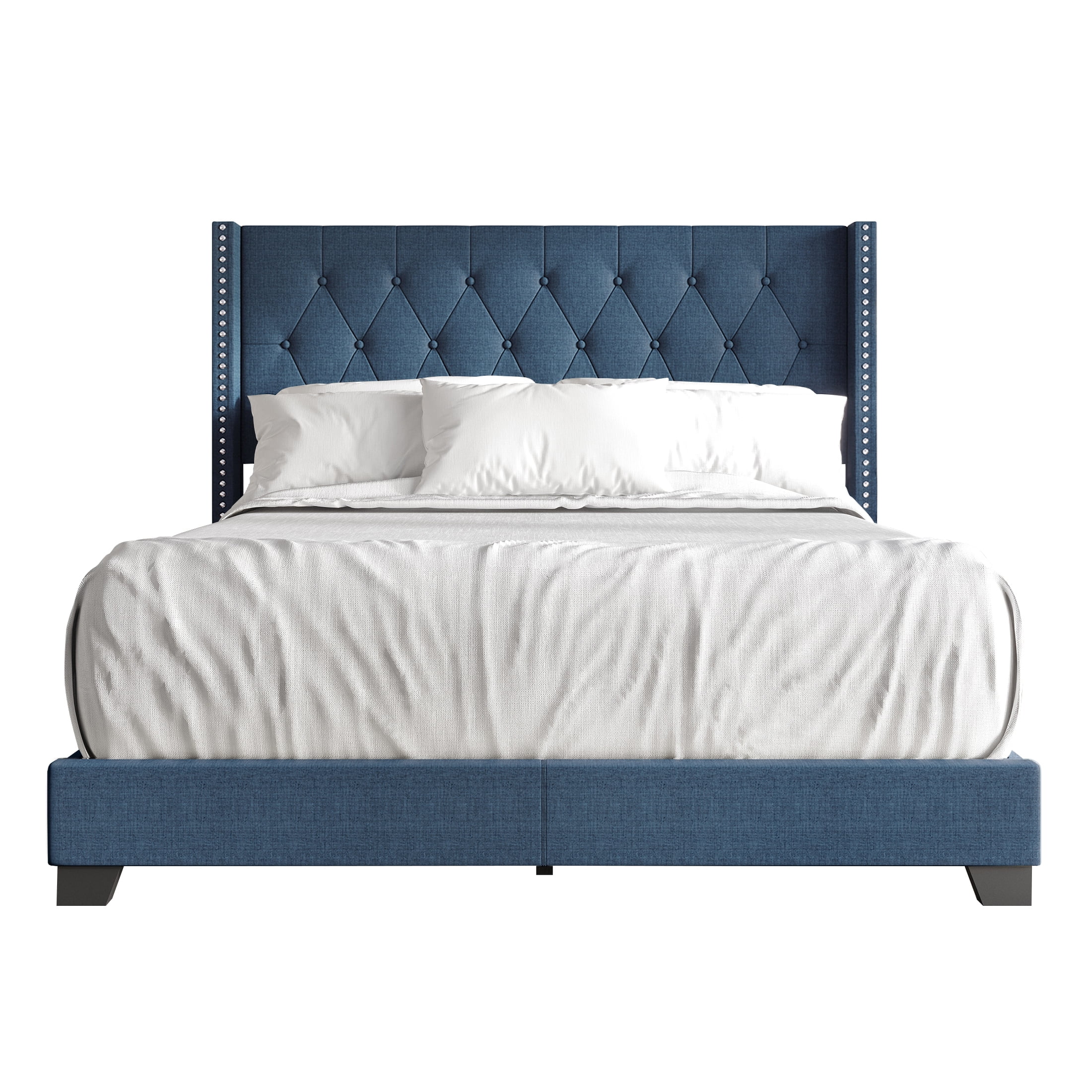 Castle Place Nailhead Trim Wingback Linen Upholstered Bed, Blue, King