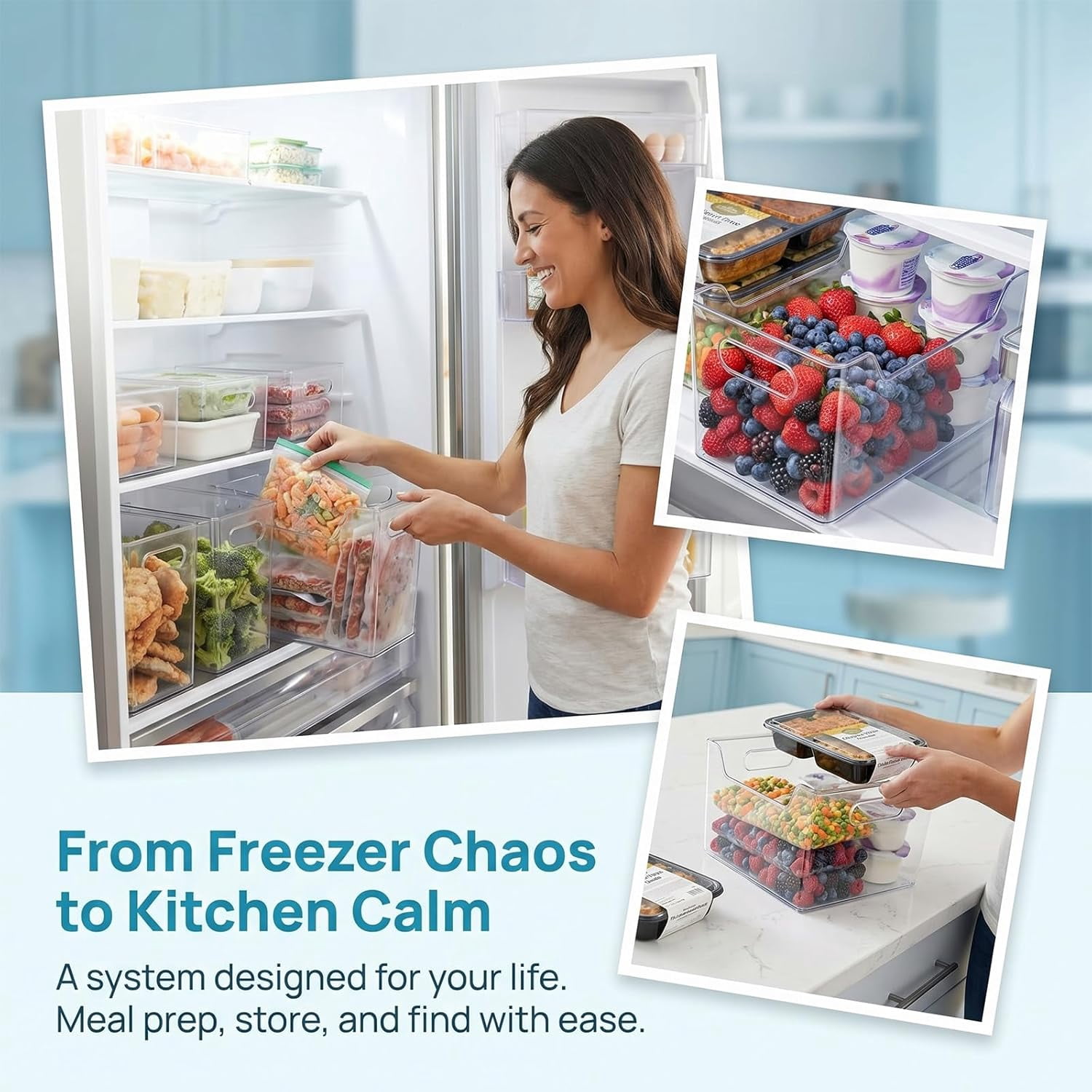 Crystal Clear Freezer Storage Bins - 4 Pack Pantry Storage Bins and Organizers, Plastic Bins for Shelves, Kitchen, Freezer, Cabinet, Closet, Bathroom Under Sink Storage (L*4)