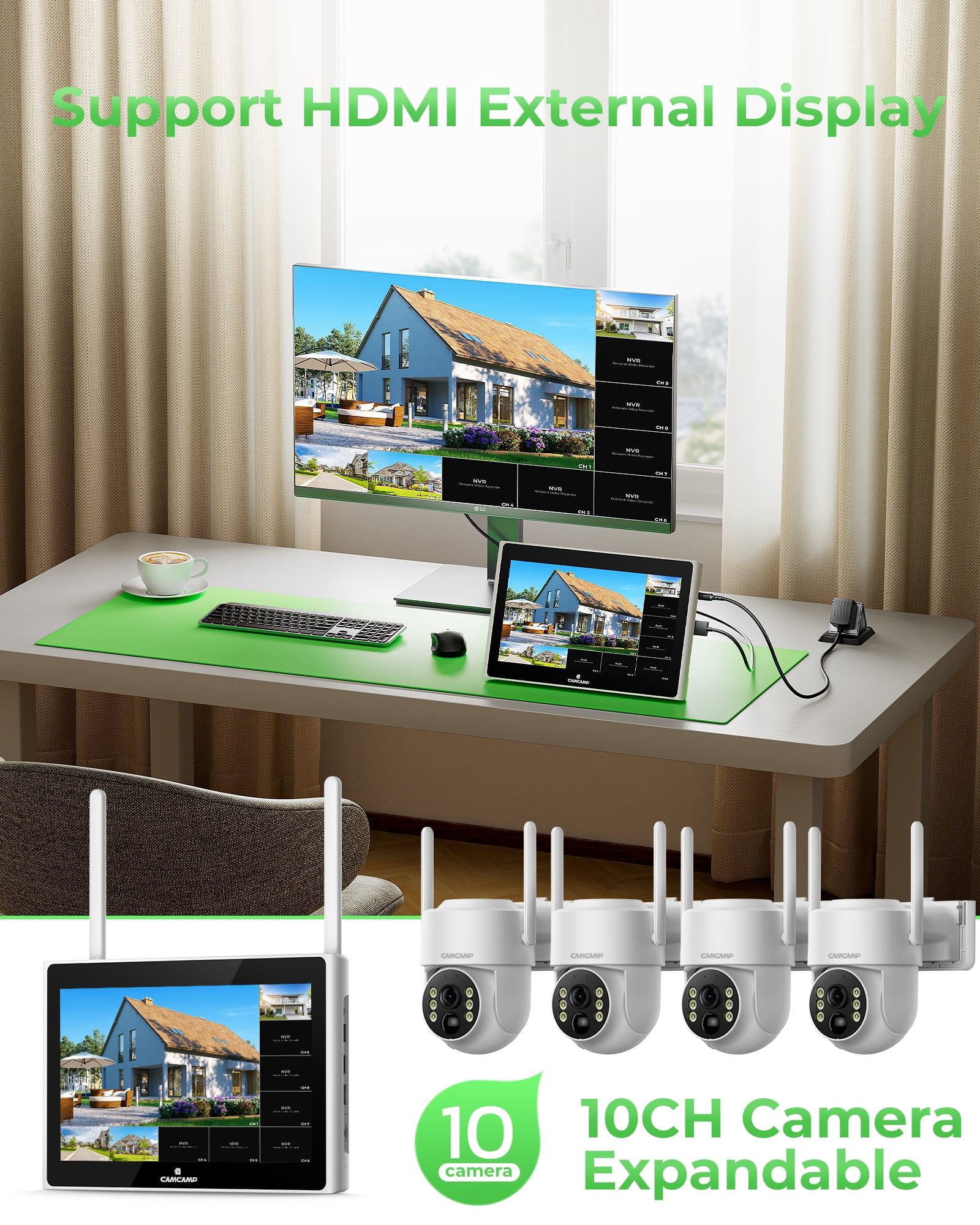 TOGUARD SC43 2K/4MP Solar Wireless Security Camera System with 10CH 10.1" NVR Monitor Outdoor Battery WiFi Dome Surveillance Camera HDMI Connector