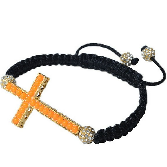 Gold-Tone Cross Orange Beaded Adjustable Macrame Bracelet