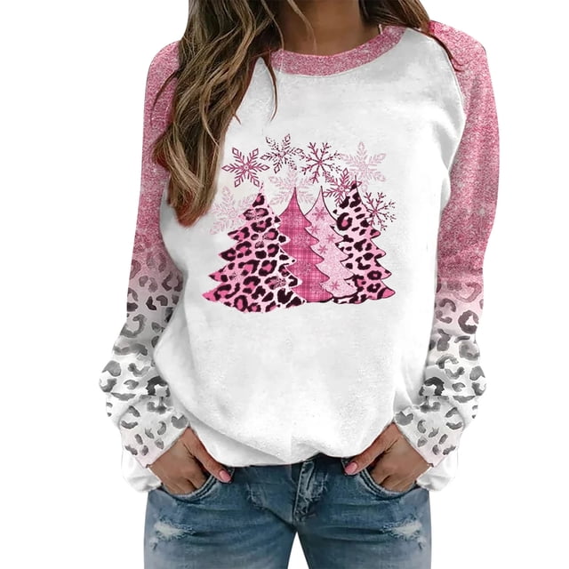 Virmaxy Chandail en Molleton de Noël Rose pour Femmes Arbre de Noël Léopard Flocon de Neige Imprimé Tunique Manches Longues Pull Blouse Col Rond Blouse Décontractée Ample 2TG