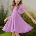 thumbnail image 4 of BRGZLK Girls Dresses Summer Cute Solid Color Flutter Sleeve Round Neck Tiered Swing Smocked Midi Dress Beach Holiday A-Line Dress Purple 6-7 Years, 4 of 7