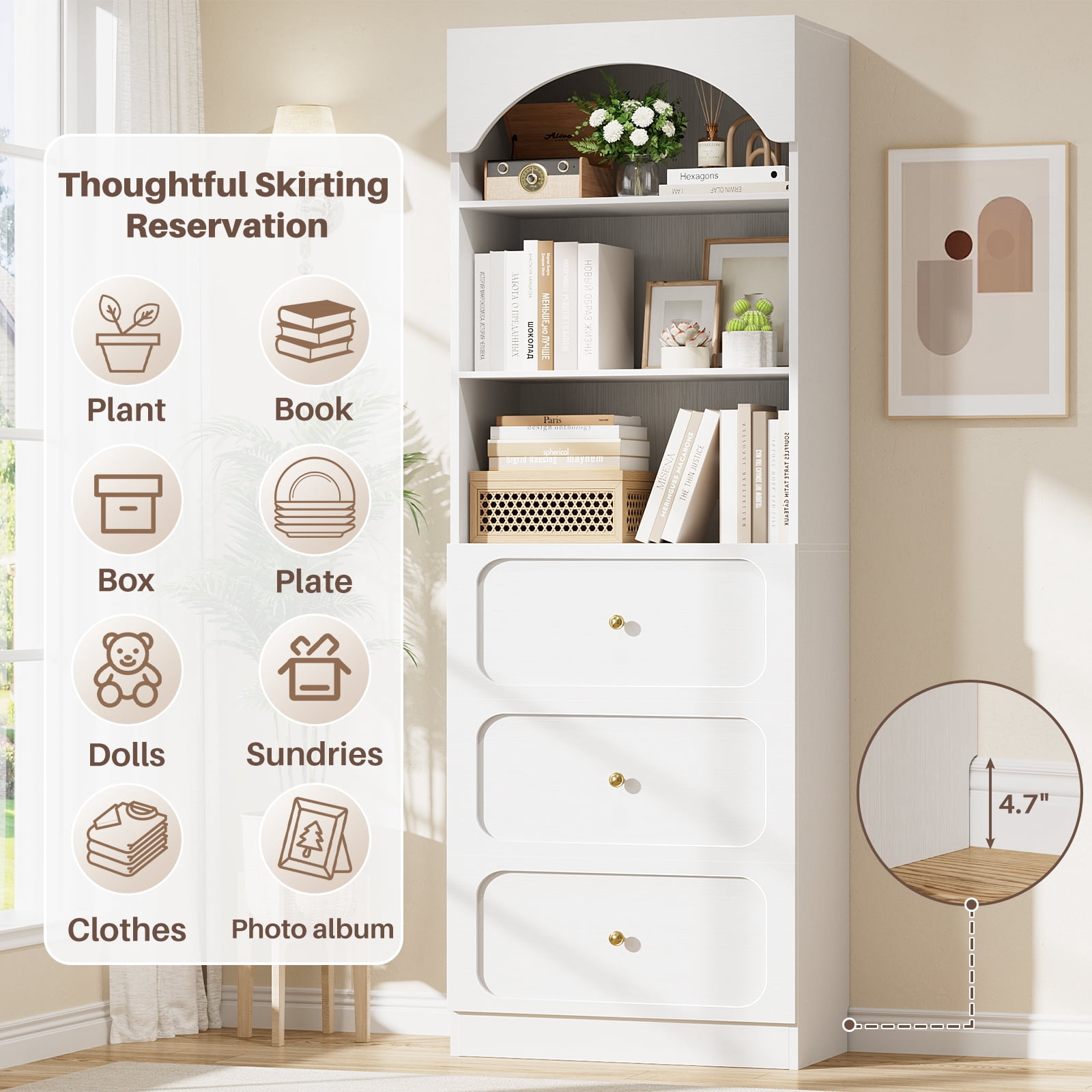 Homieasy 80" Tall Arched Bookcase with 3 Drawers & 3 Open Shelves - Wooden Storage Cabinet for Living Room, Kitchen, Office,White