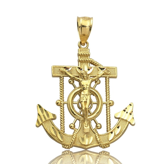 LoveBling 10K Yellow Gold Diamond Cut Jesus Cross/Anchor (1.50" x 1.00")