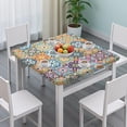 thumbnail image 3 of Blue Boho Bohemia Floral Geometric Pattern Square Fitted Tablecloth with Elastic Edge,Square Table Cover,Washable Elastic Table Cover for Home Kitchen Party Decor 36"x36", 3 of 6