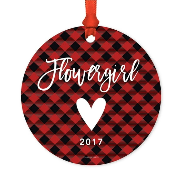 Family Wedding Metal Christmas Ornament, Flowergirl 2017, Red Plaid, Includes Ribbon and Gift Bag