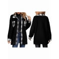 thumbnail image 3 of Shackets for Women Fleece Button Down Plaid Long Coat Lapel Hooded Fleece Lined Jacket Fashion Color Block Tops Black S, 3 of 7