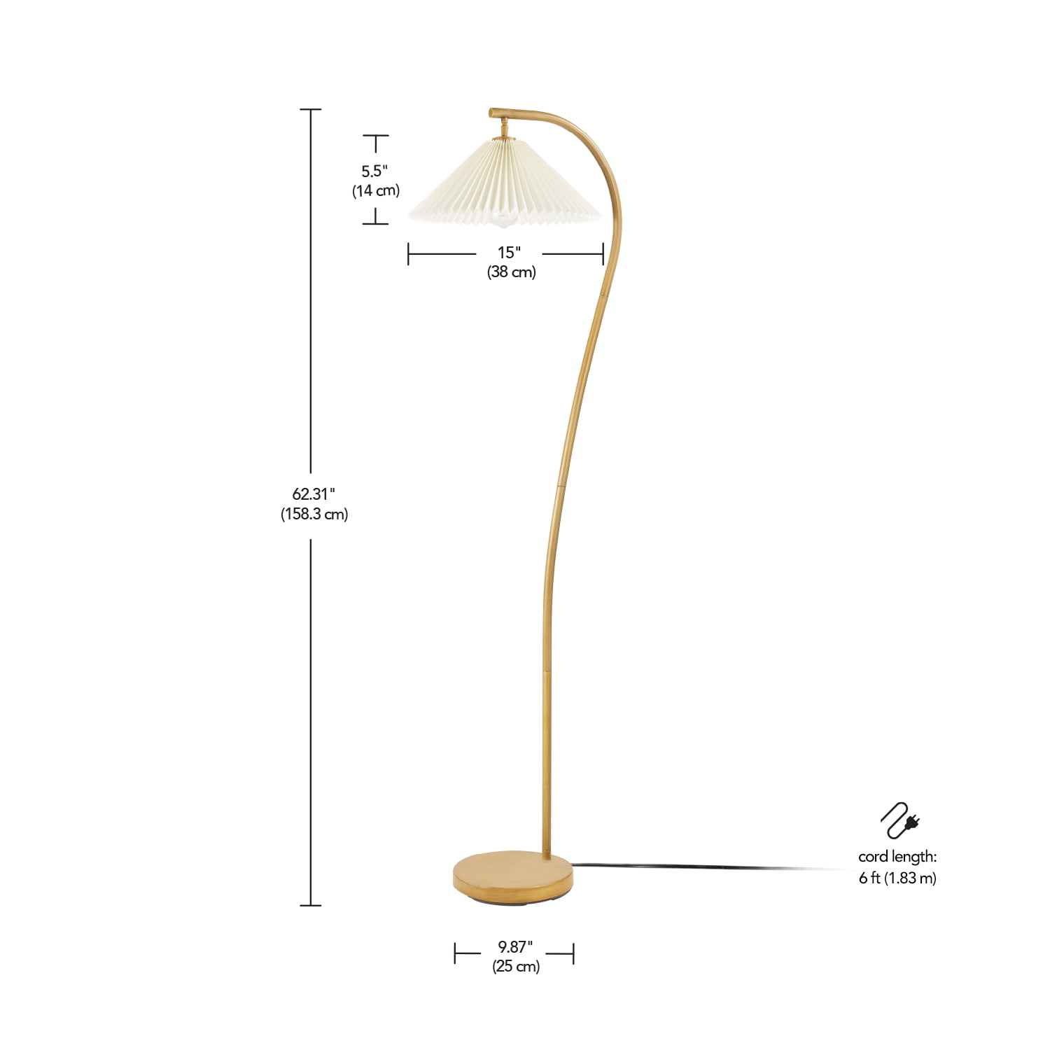 Novogratz x Globe 62" Wood Toned Floor Lamp with White Pleated Fabric Shade