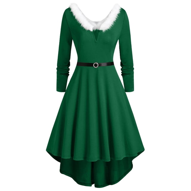 Heliisoer Plus Robe de Femme à Manches Longues Solide Noël à Col en V à Fourrure