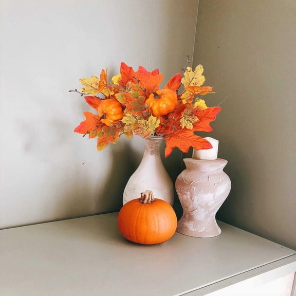 Artificial Autumn Maple Leaf Spray with Pumpkin and Berry, Fall Harvest Floral Pick for Thanksgiving Table Decor, 12 Inches