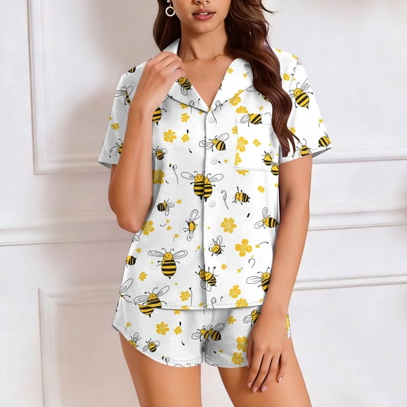 Dianli Womens Pajama Sets Fashion Casual Turndown Short Sleeve Blouse and Shorts Pajama Set Allover Bee Print Homewear Comfortable Four-Way Stretch Elastic Waist Stylish Loungewear Suit