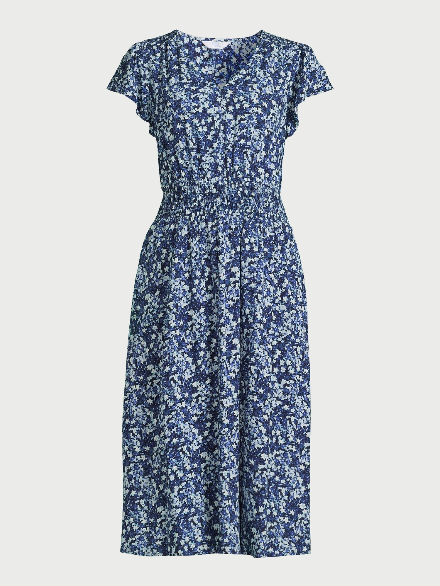 Time and Tru Women's and Women's Plus Smocked Waist Midi Dress with Short Sleeves, Sizes XS-4X