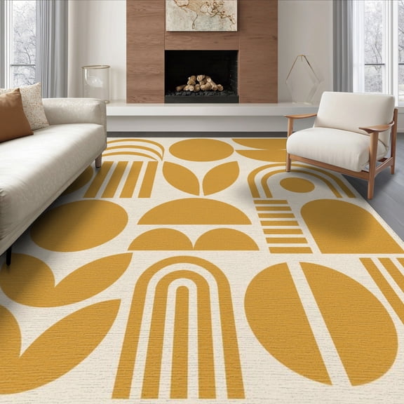 ODIKA 8'x10' Washable Area Rug Ivory Warm Ochre Geometric and Shapes Design Contemporary Art Inspired for Dining Room, Large Office, Lounge, Non-Slip Chair-Friendly Mat
