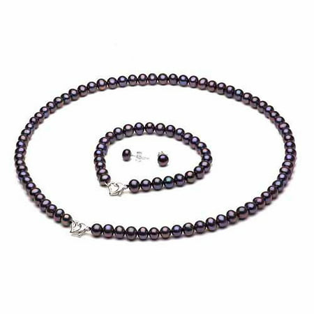 10-11mm Black Freshwater Pearl Heart-Shape Sterling Silver Necklace (18), Bracelet (7) Set with Bonus Pearl Stud Earrings