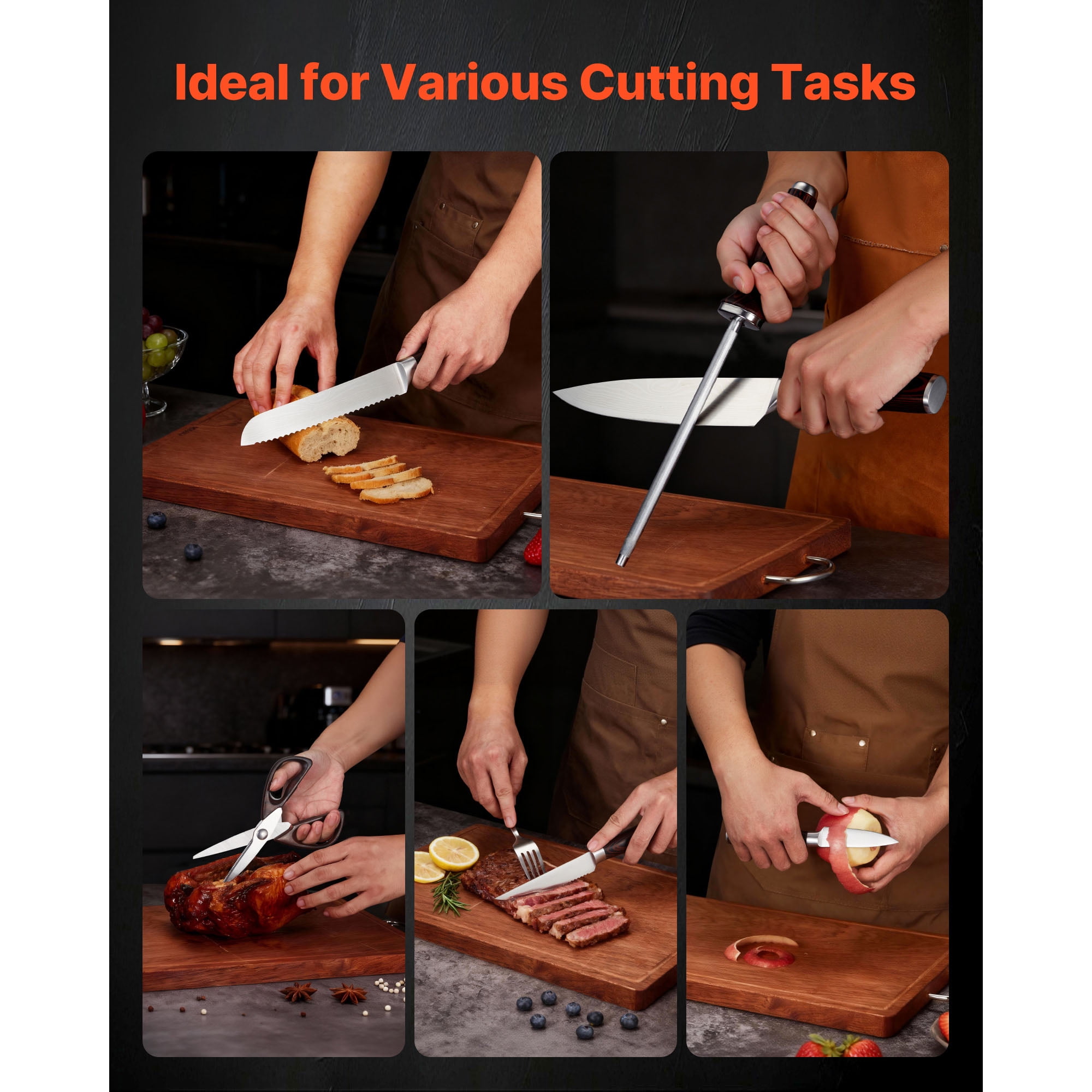 KFFKFF 15-Piece High Carbon Stainless Steel Knife Set with Wooden Block and Sharpener, Durable Kitchen Cutlery Featuring Ergonomic Handles, Rust-Resistant Design, Sharpening Rod, Ideal for Home Use