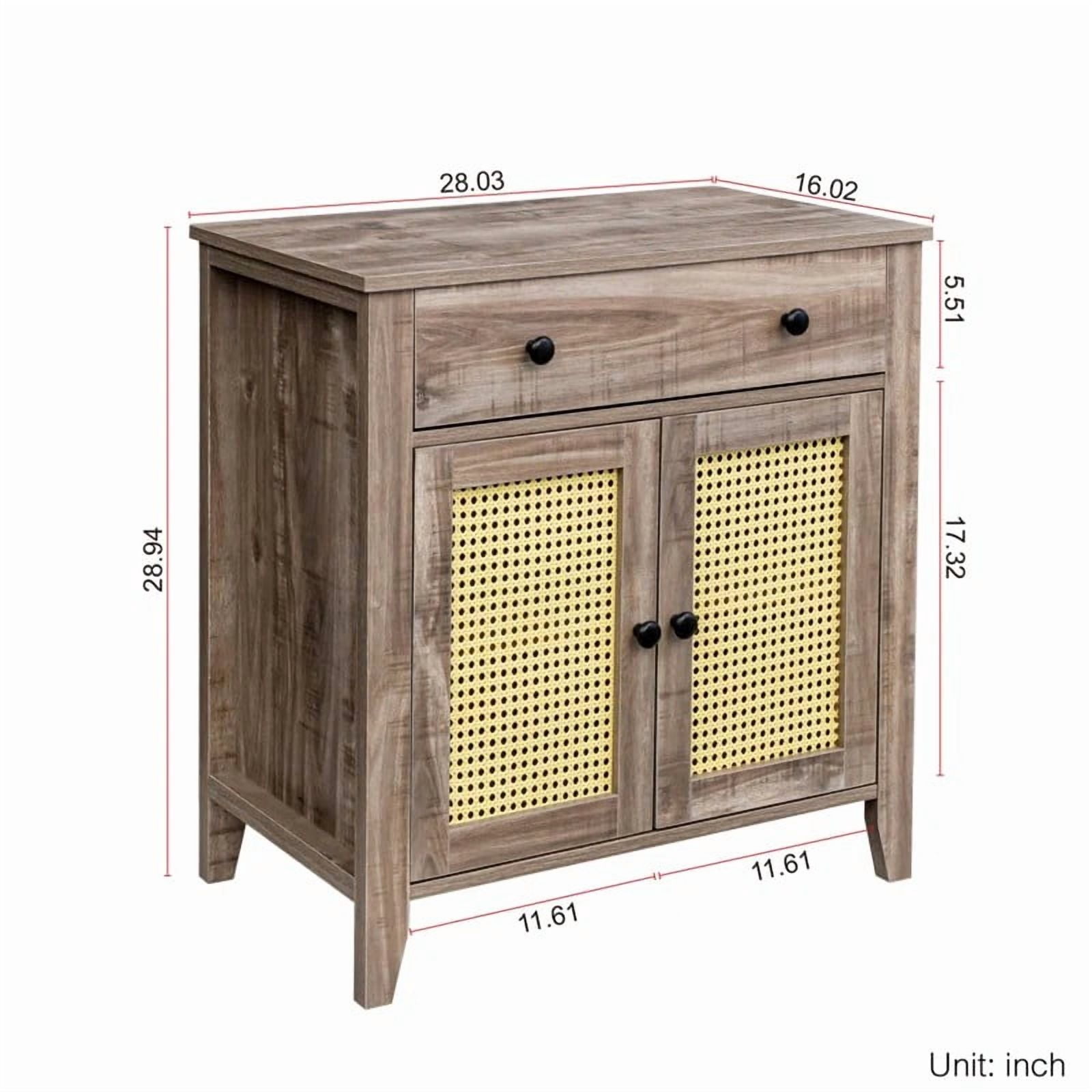 COMHOMA Rattan Cabinet, Mid Century Modern Cabinet with Rattan Decorated Door and Adjustable Shelf, Bedside Storage End Table with Drawer, Cabinet for Bedroom and Living Room,Drifted Grey