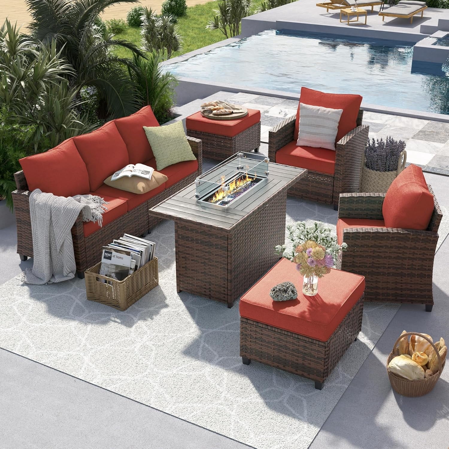 ELPOSUN Patio Furniture Sets with Fire Pit Table, 6 Pieces Outdoor Patio Sofa Set with Fire Pit Table, Wicker Rattan Outdoor Conversation Set with Ottoman for Poolside, Backyard,Brown Rattan Wine Red